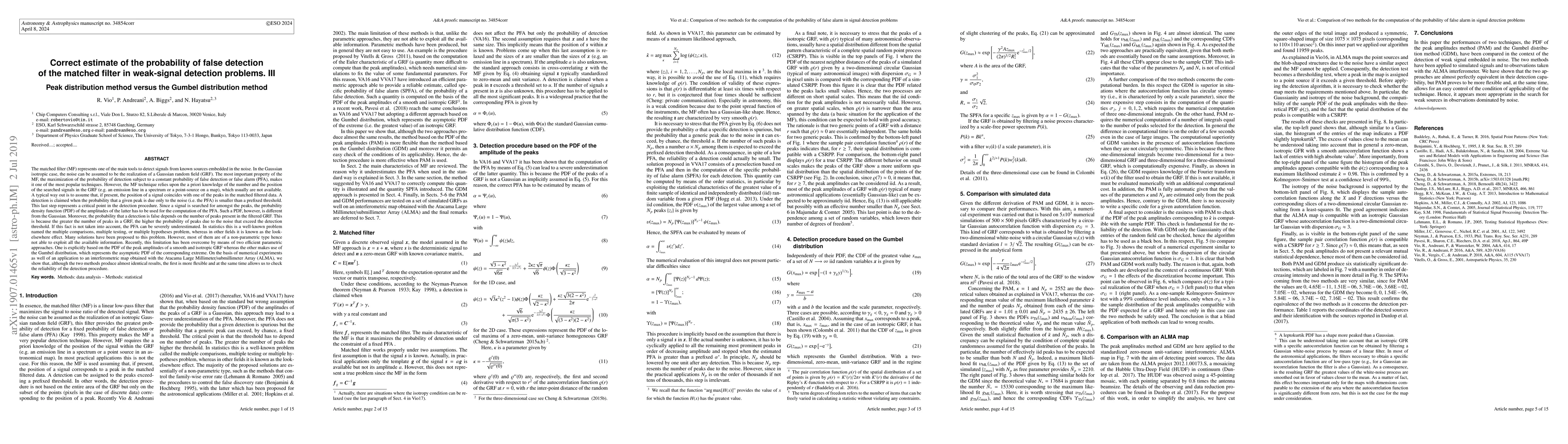 Thumbnail for Correct estimate of the probability of false detection of the matched
  filter in weak-signal detection problems. III (Peak distribution method
  versus the Gumbel distribution method)