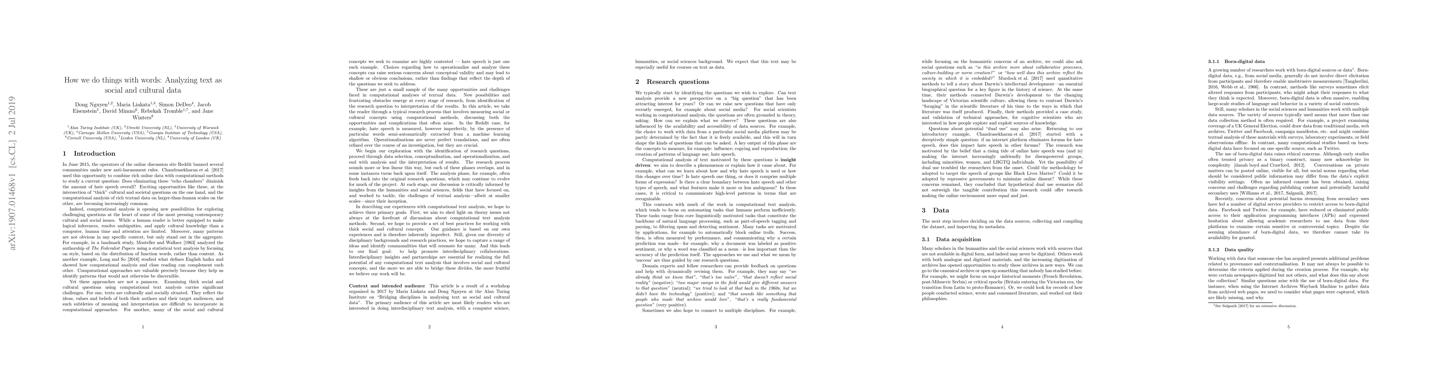Thumbnail for How we do things with words: Analyzing text as social and cultural data