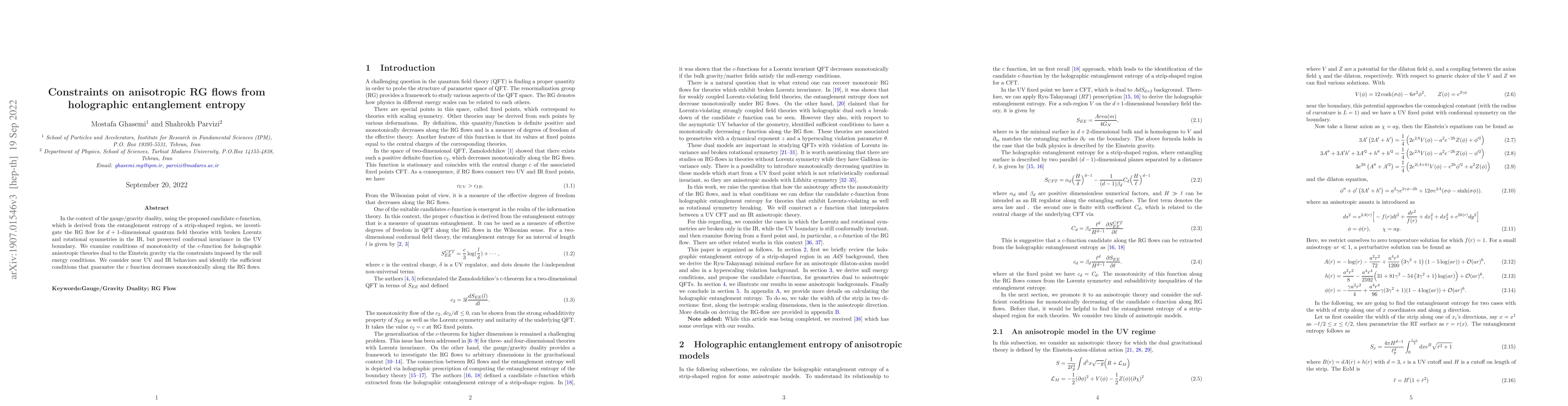 Thumbnail for Constraints on anisotropic RG flows from holographic entanglement
  entropy