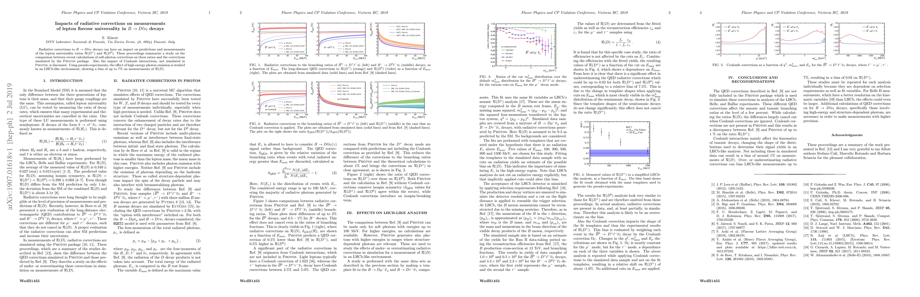 Thumbnail for Impacts of radiative corrections on measurements of lepton flavour
  universality in $B \to D \ell \nu_{\ell}$ decays