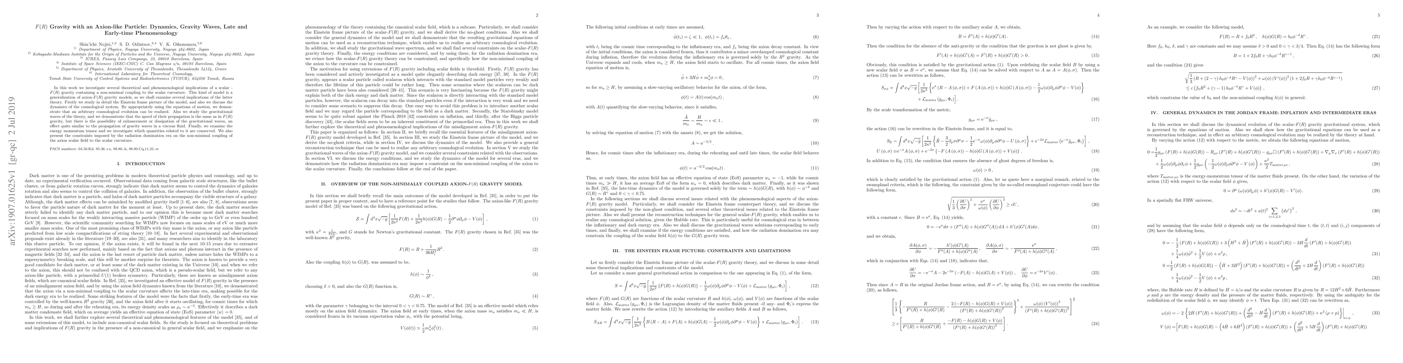 Thumbnail for $F(R)$ Gravity with an Axion-like Particle: Dynamics, Gravity Waves,
  Late and Early-time Phenomenology