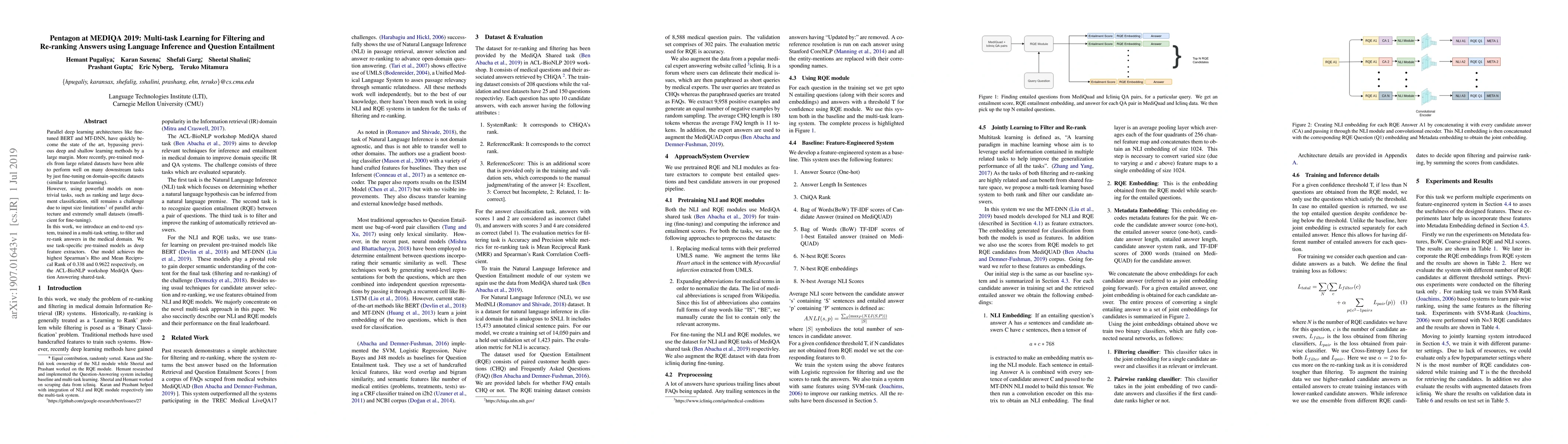 Thumbnail for Pentagon at MEDIQA 2019: Multi-task Learning for Filtering and
  Re-ranking Answers using Language Inference and Question Entailment