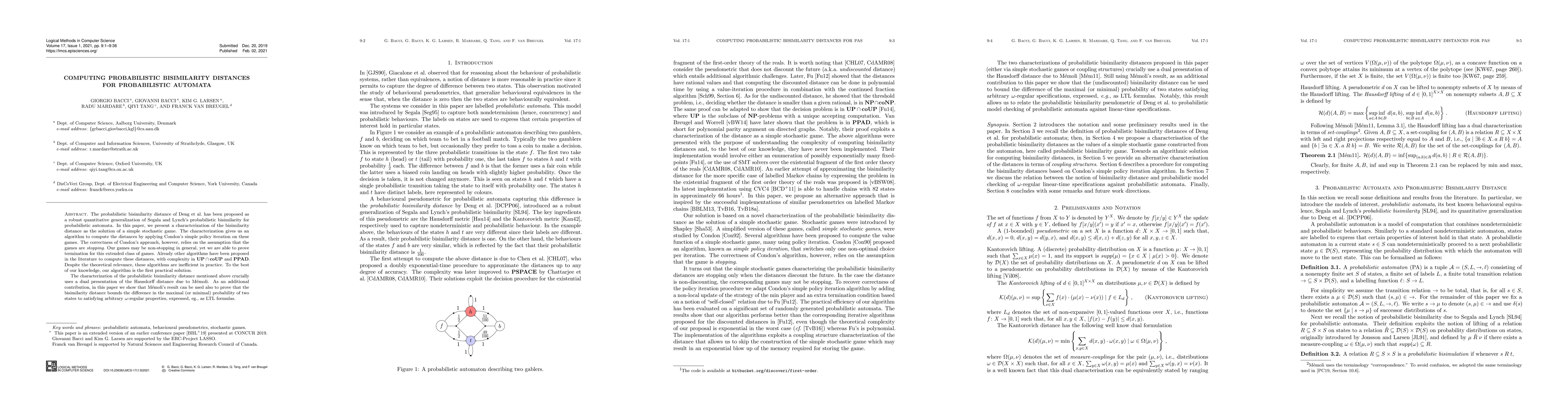 Thumbnail for Computing Probabilistic Bisimilarity Distances for Probabilistic
  Automata