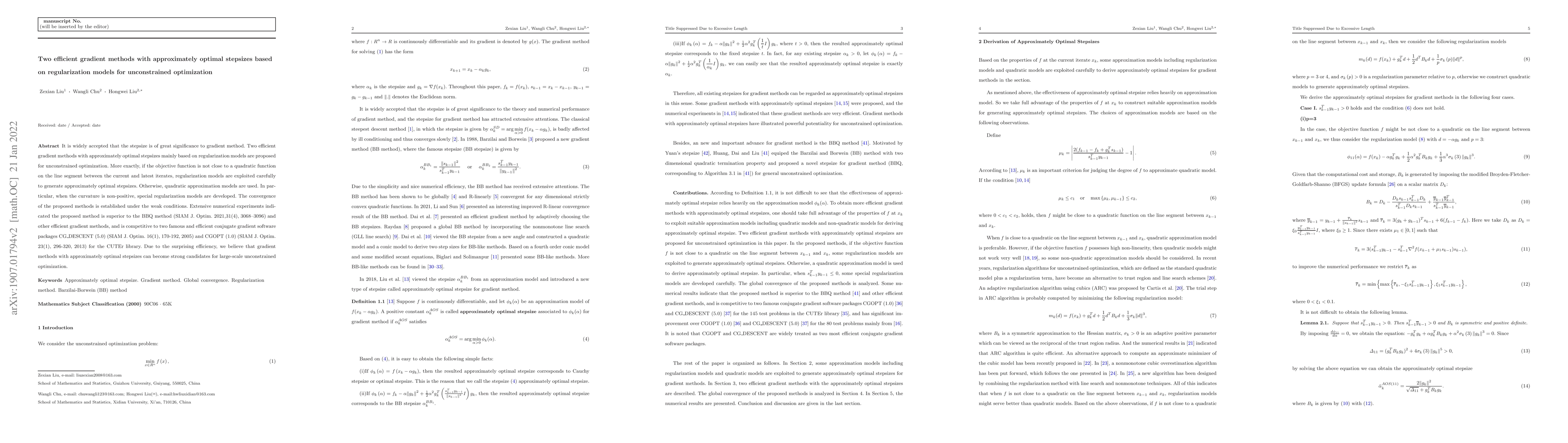 Thumbnail for Two efficient gradient methods with approximately optimal stepsizes
  based on regularization models for unconstrained optimization