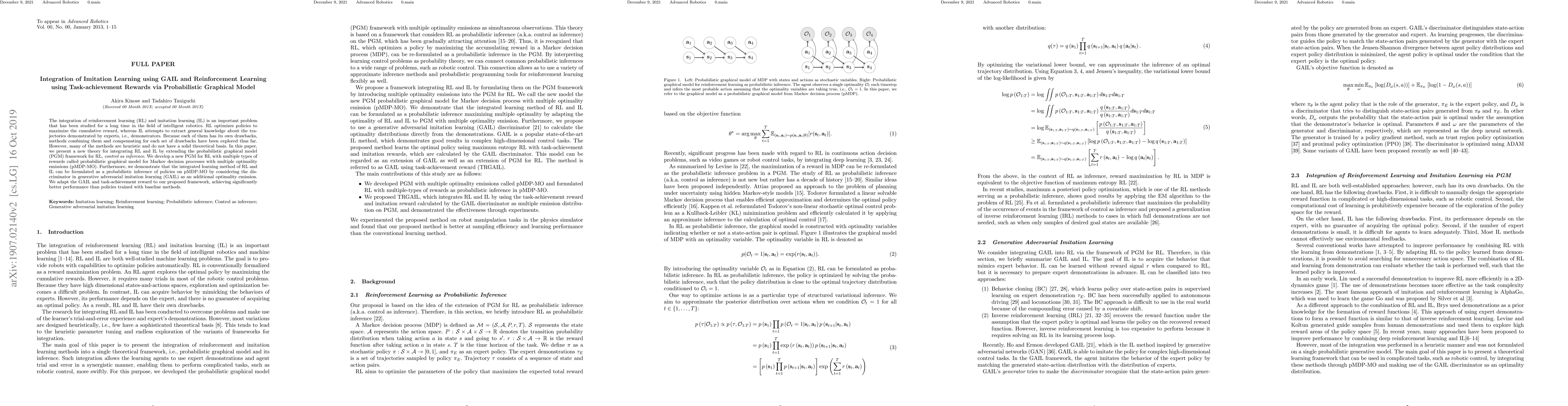 Thumbnail for Integration of Imitation Learning using GAIL and Reinforcement Learning
  using Task-achievement Rewards via Probabilistic Graphical Model