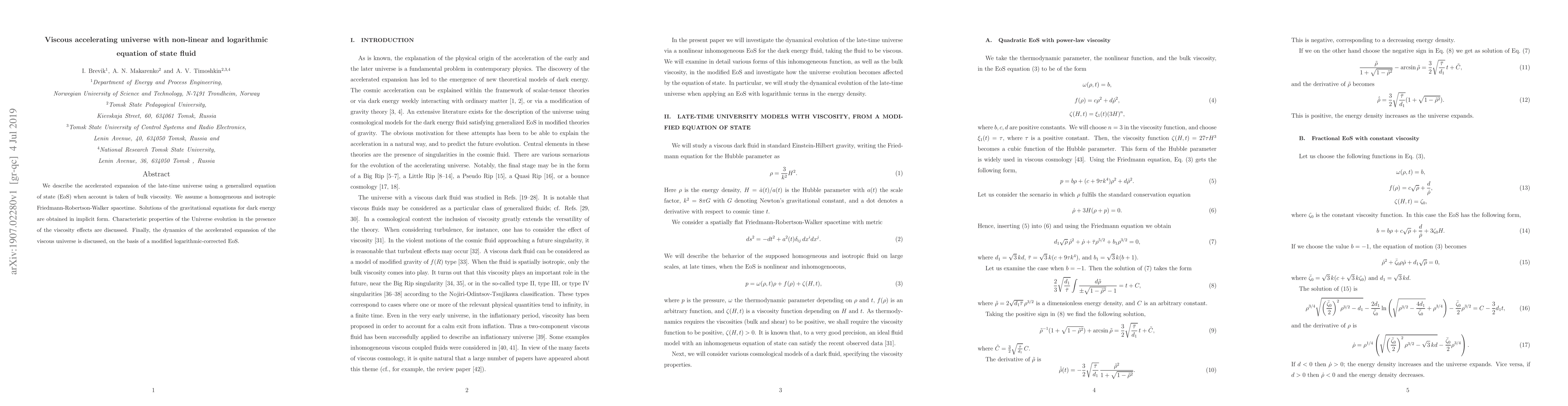 Thumbnail for Viscous Accelerating Universe with Non-linear and Logarithmic Equation
  of State Fluid