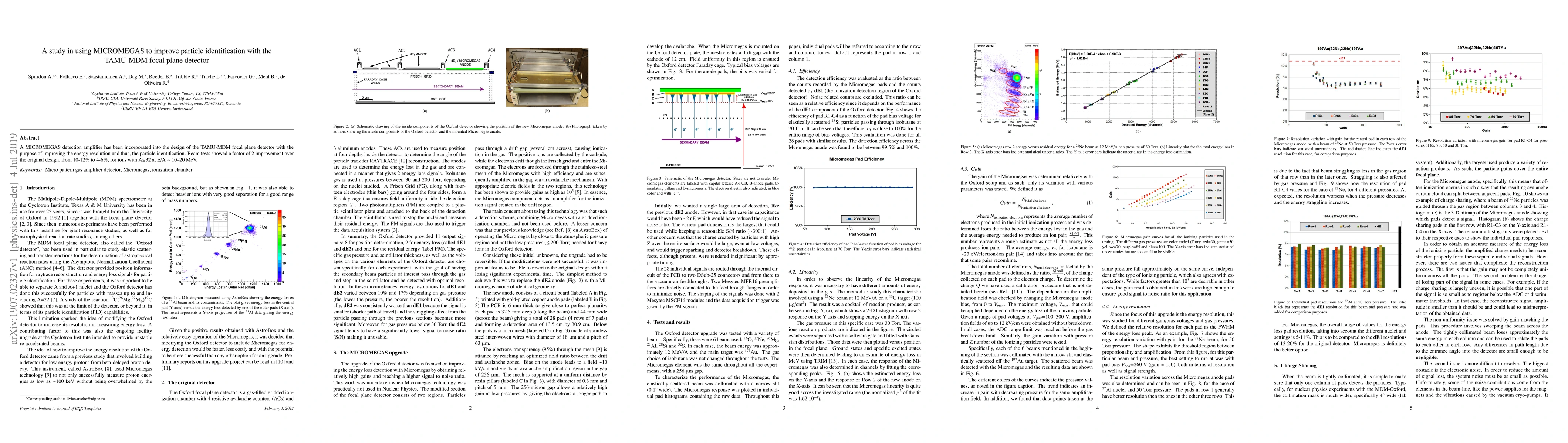 Thumbnail for A study in using MICROMEGAS to improve particle identification with the
  TAMU-MDM focal plane detector