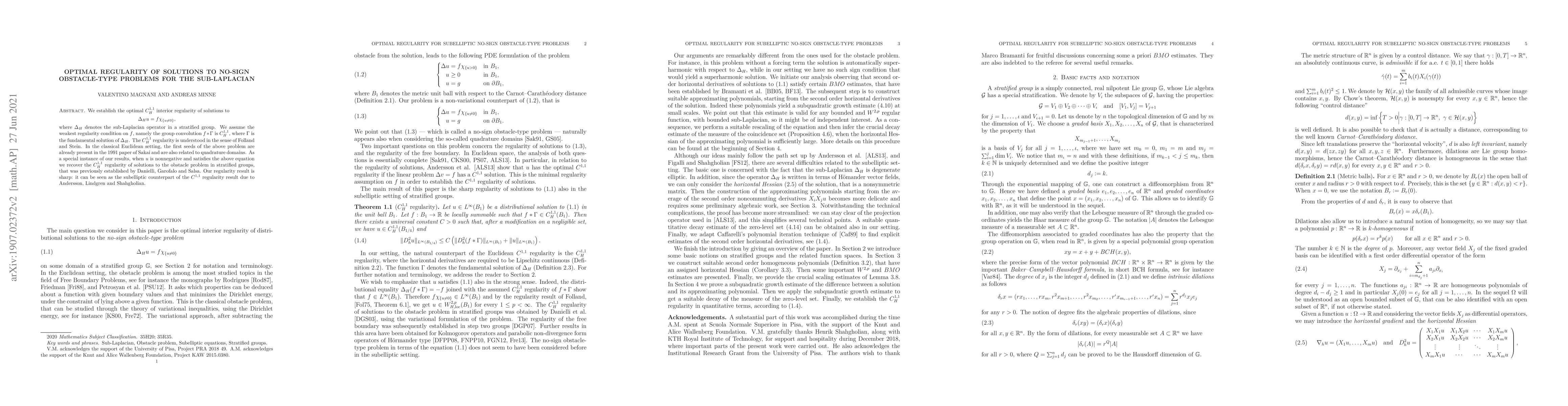 Thumbnail for Optimal Regularity of Solutions to No-Sign Obstacle-Type Problems for
  the Sub-Laplacian
