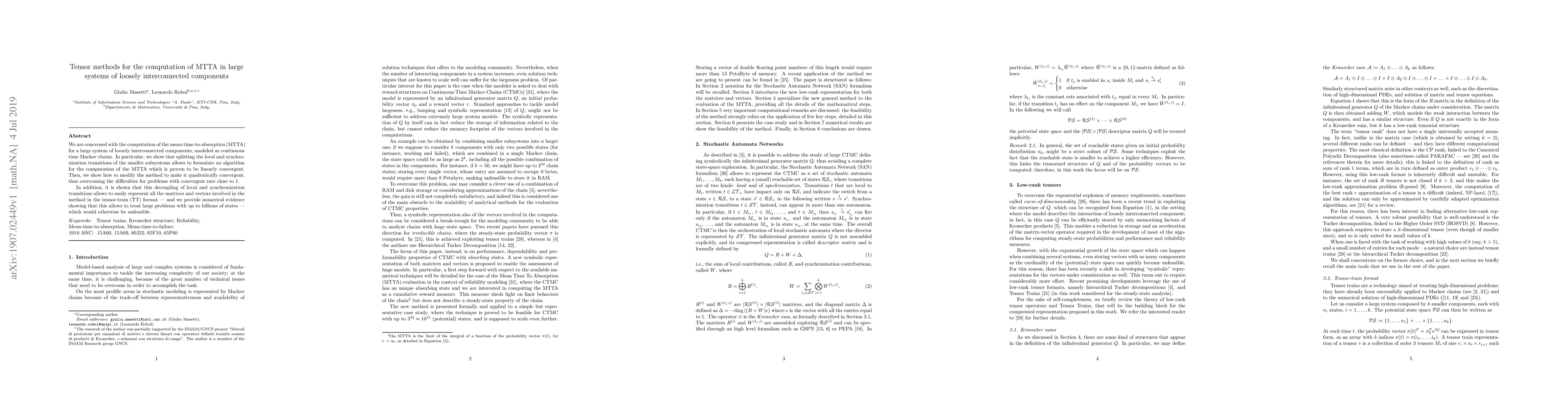 Thumbnail for Tensor methods for the computation of MTTA in large systems of loosely
  interconnected components