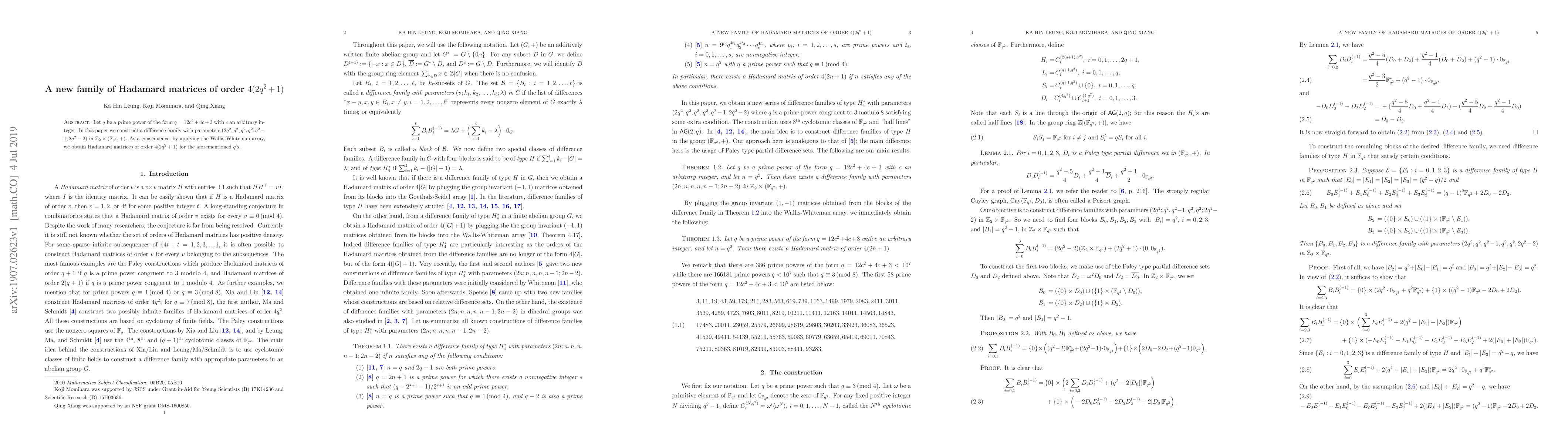 Thumbnail for A new family of Hadamard matrices of order $4(2q^2+1)$