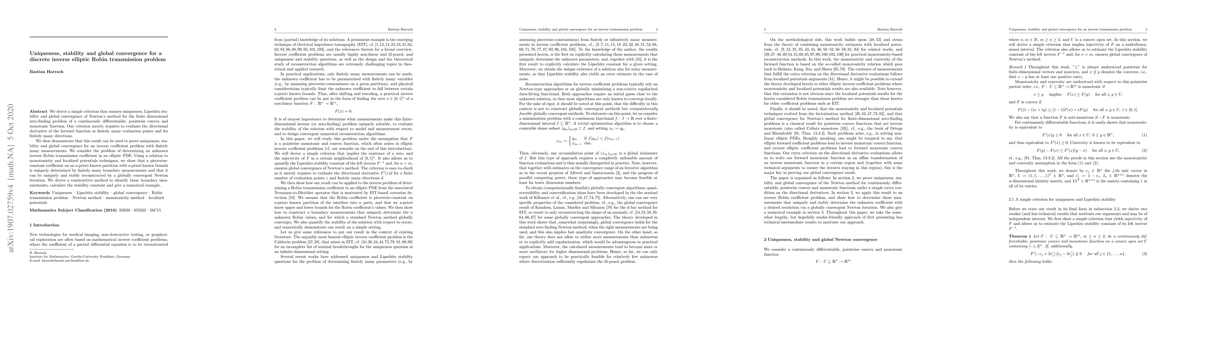 Thumbnail for Uniqueness, stability and global convergence for a discrete inverse
  elliptic Robin transmission problem