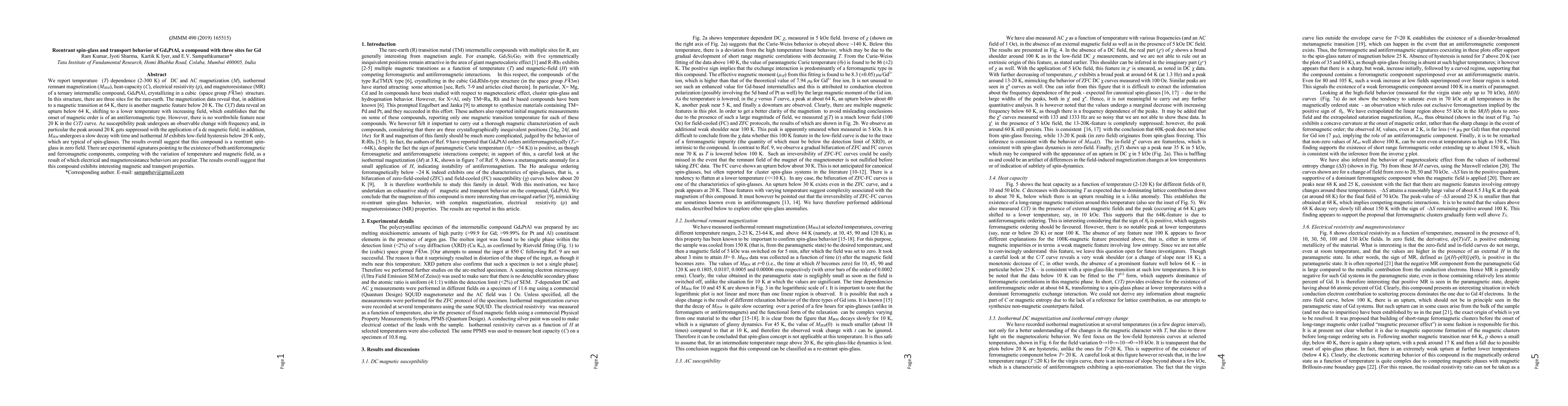 Thumbnail for Reentrant spin-glass and transport behavior of Gd4PtAl, a compound with
  three sites for Gd