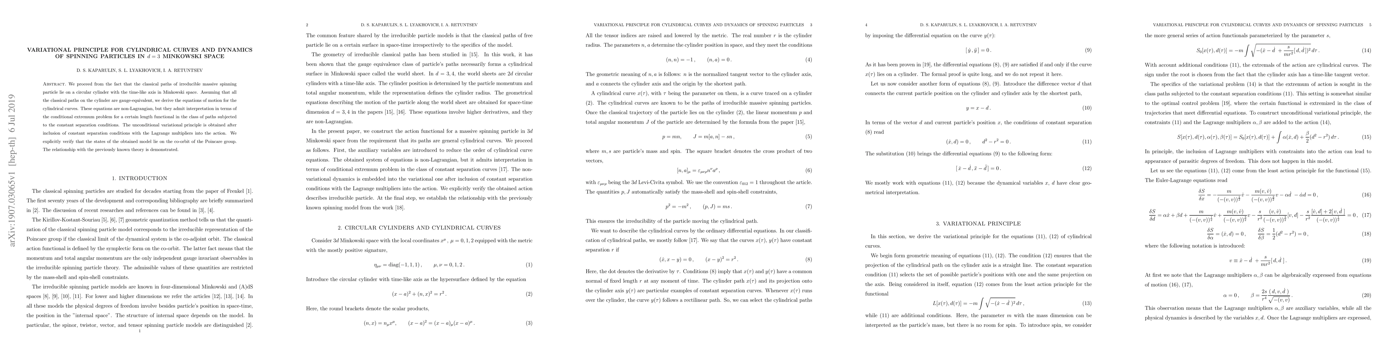 Thumbnail for Variational principle for cylindrical curves and dynamics of spinning
  particles in $d=3$ Minkowski space
