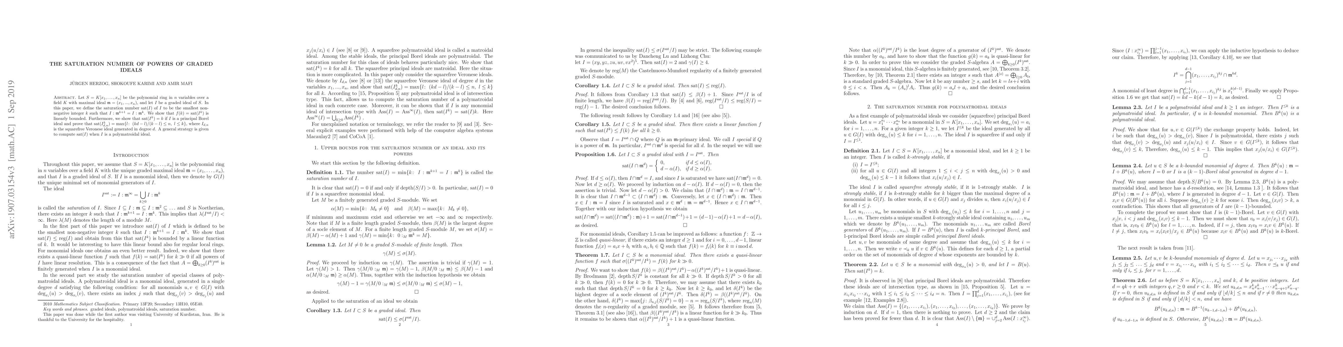 Thumbnail for The saturation number of powers of graded ideals