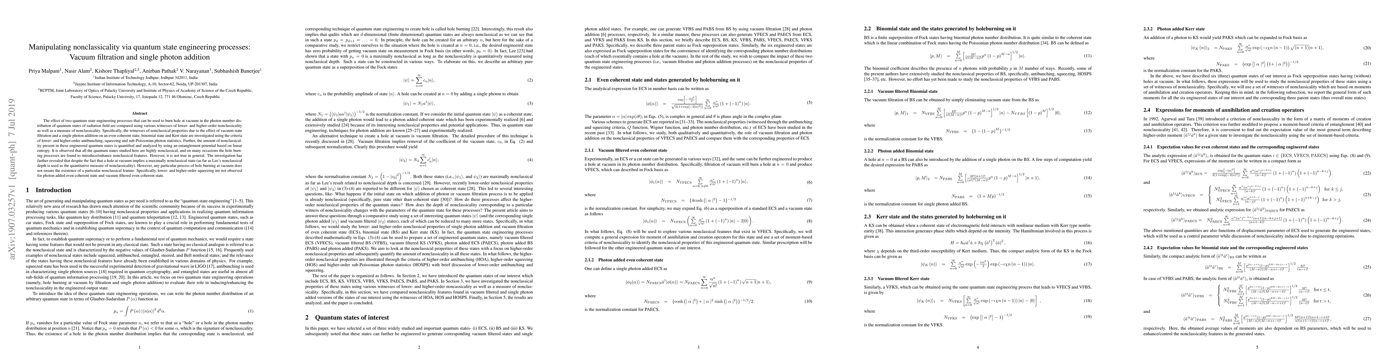 Thumbnail for Manipulating nonclassicality via quantum state engineering processes:
  Vacuum filtration and single photon addition