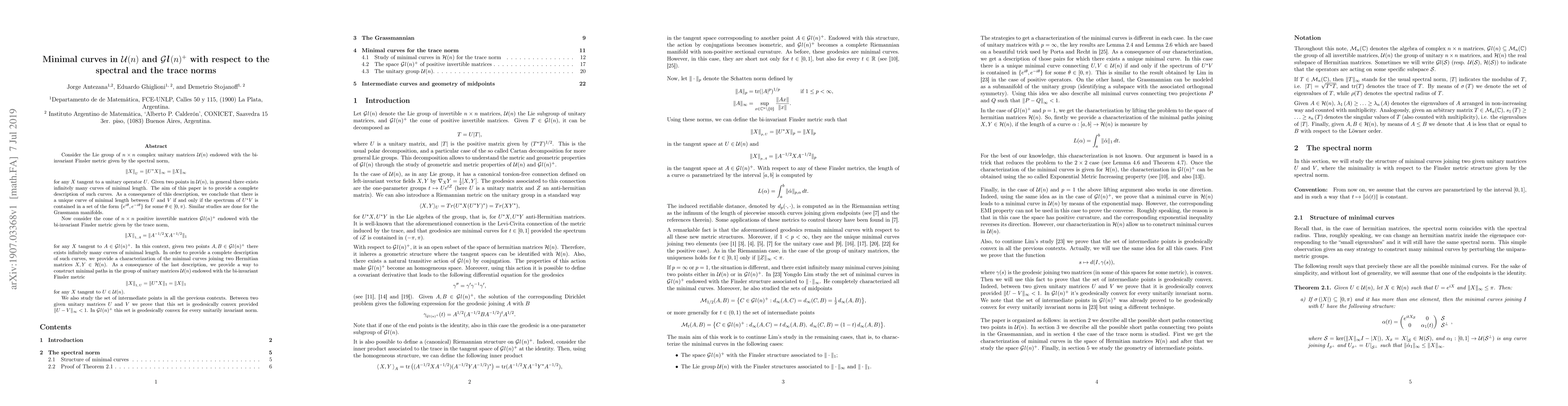 Thumbnail for Minimal curves in U(n) and Gl(n)+ with respect to the spectral and the
  trace norms