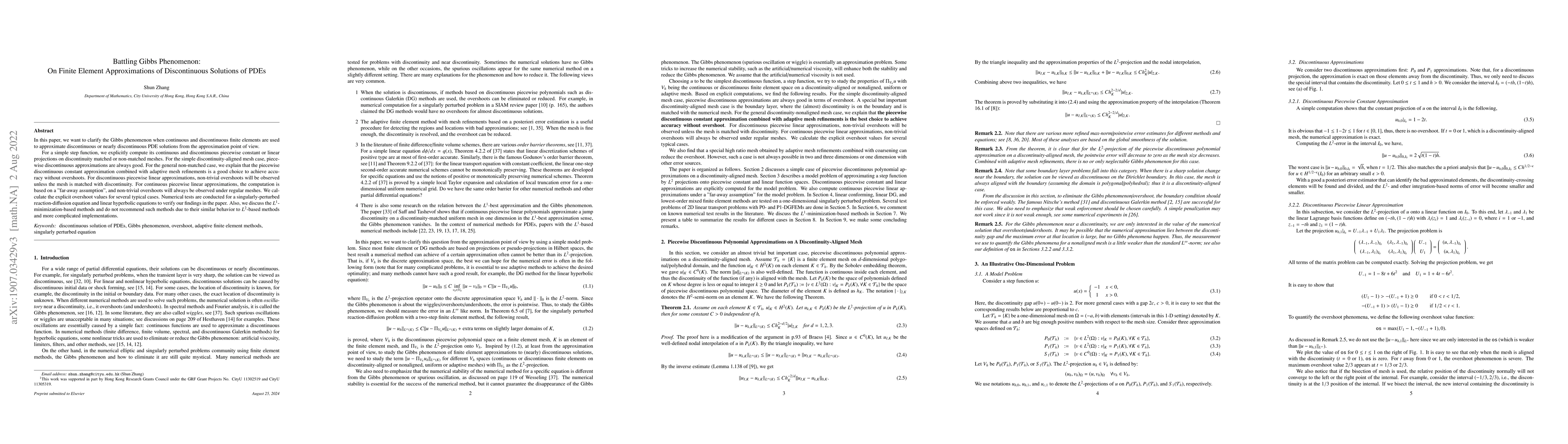 Thumbnail for Battling Gibbs Phenomenon: On Finite Element Approximations of
  Discontinuous Solutions of PDEs