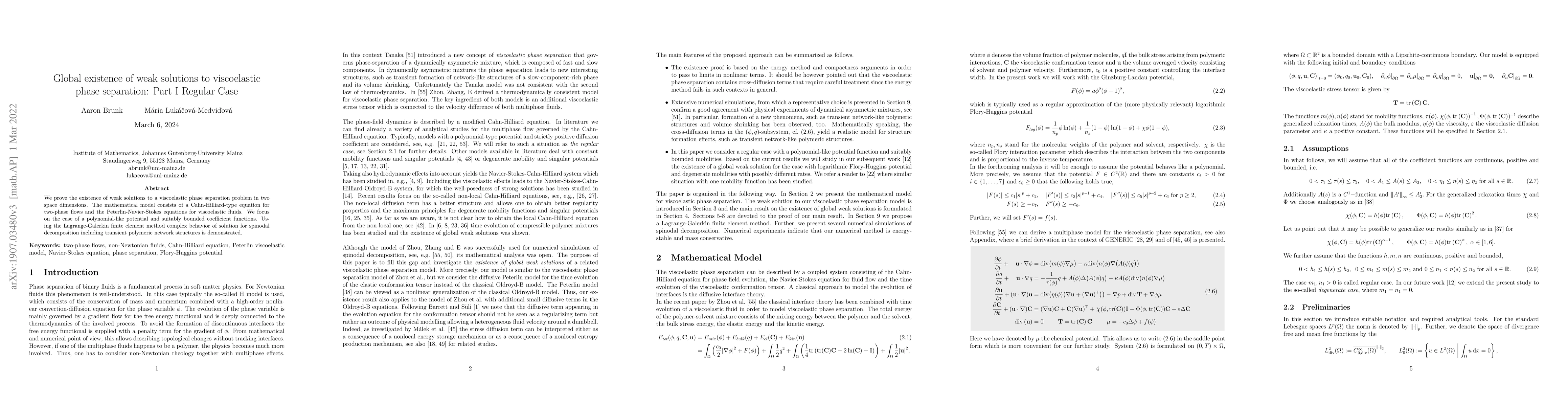 Thumbnail for Global existence of weak solutions to viscoelastic phase separation:
  Part I Regular Case