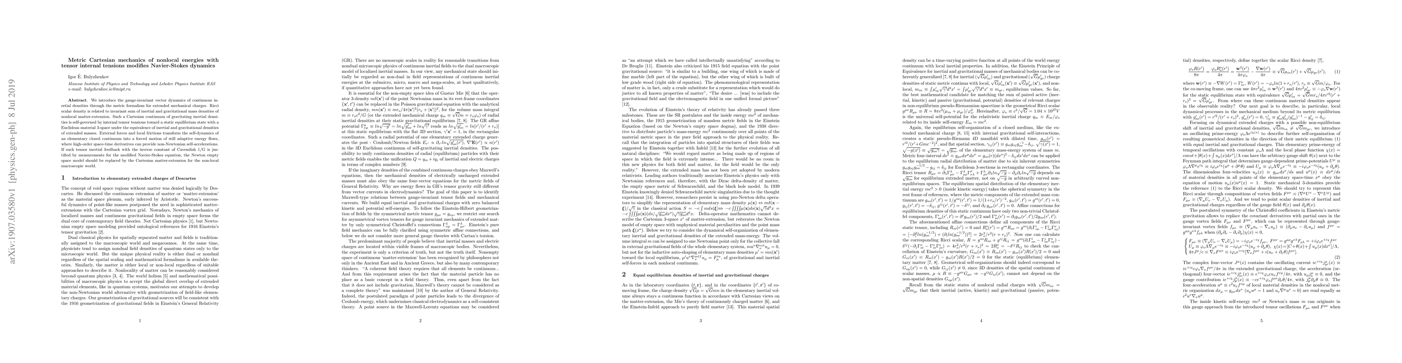 Thumbnail for Metric Cartesian mechanics of nonlocal energies with tensor internal
  tensions modifies Navier-Stokes dynamics