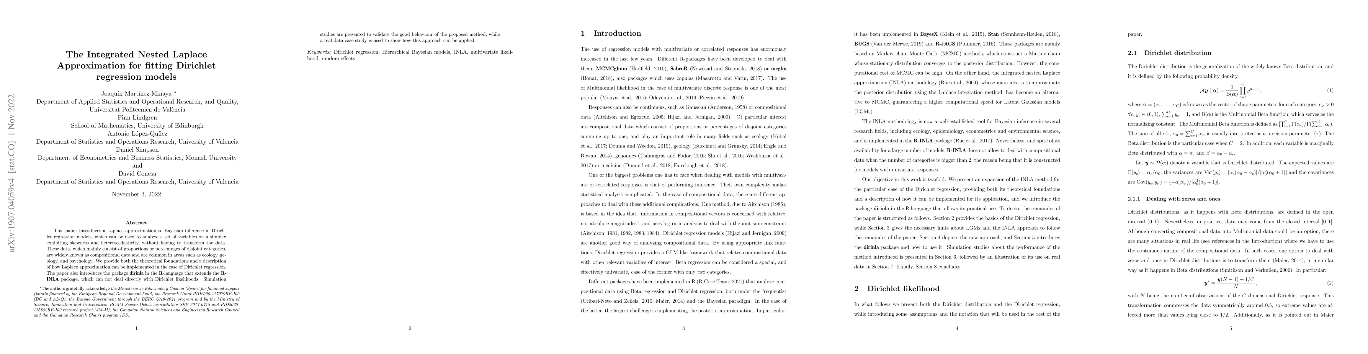 Thumbnail for The Integrated Nested Laplace Approximation for fitting Dirichlet
  regression models