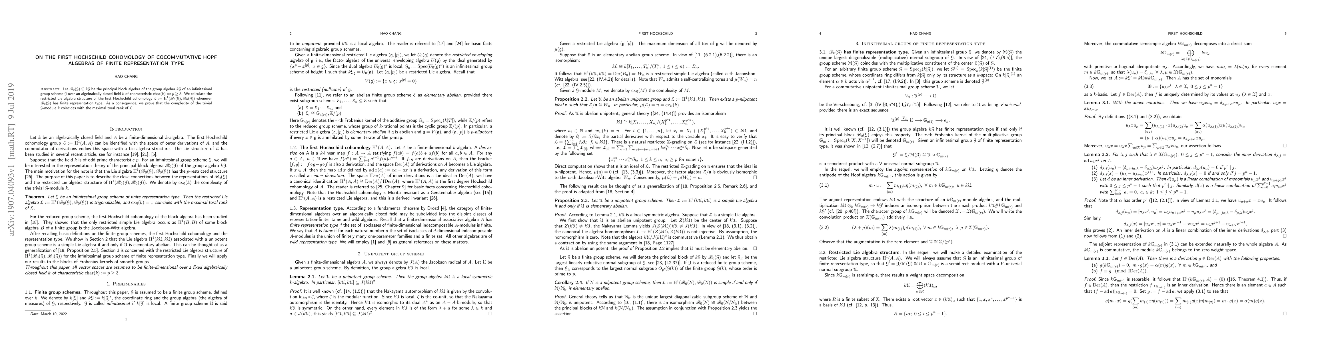 Thumbnail for On the first Hochschild cohomology of cocommutative Hopf algebras of
  finite representation type
