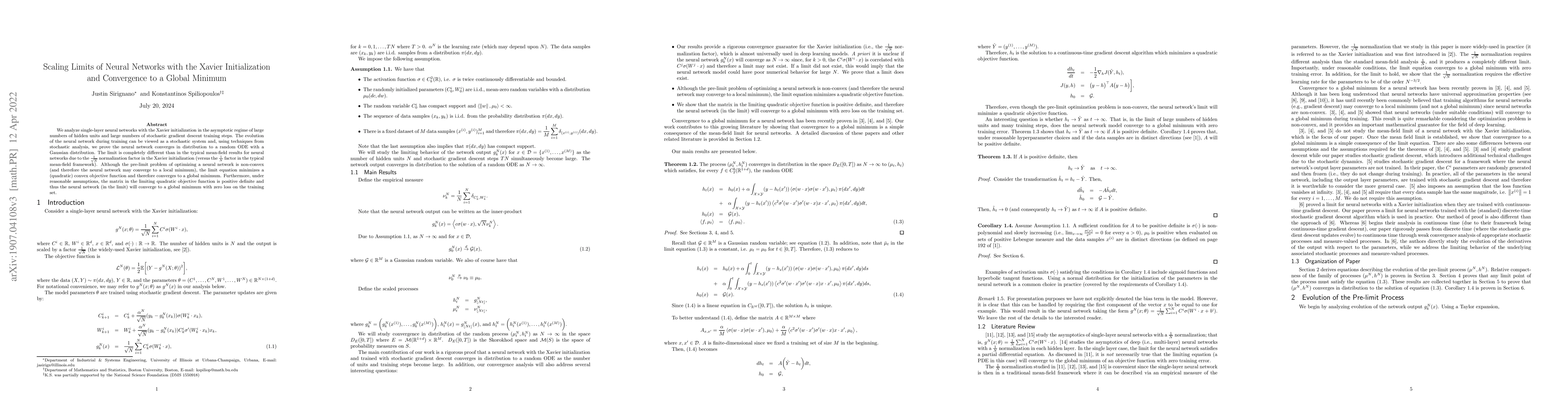 Thumbnail for Scaling Limit of Neural Networks with the Xavier Initialization and
  Convergence to a Global Minimum