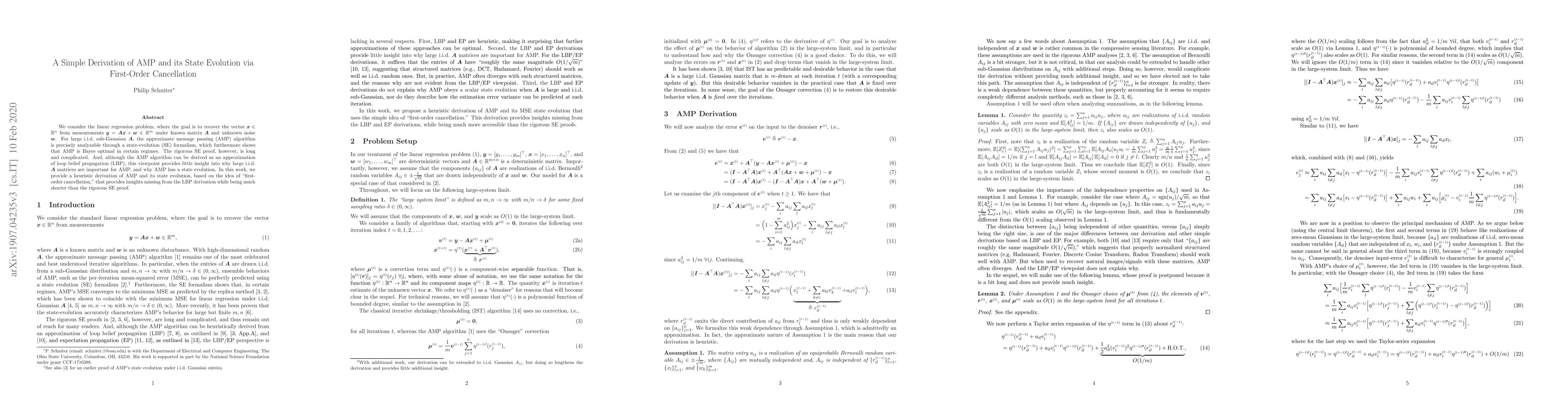 Thumbnail for A Simple Derivation of AMP and its State Evolution via First-Order
  Cancellation