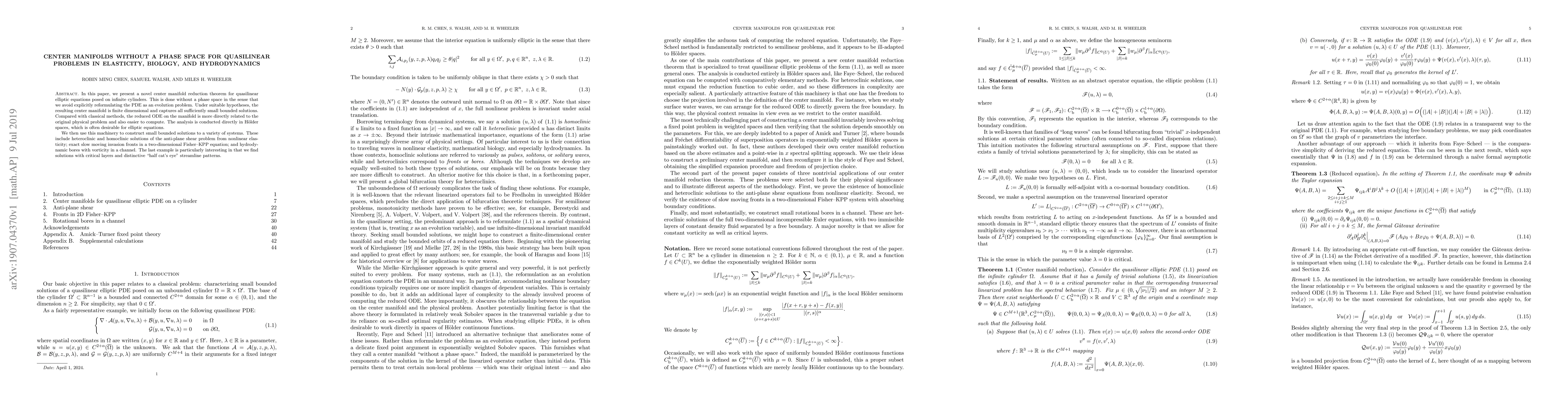 Thumbnail for Center manifolds without a phase space for quasilinear problems in
  elasticity, biology, and hydrodynamics