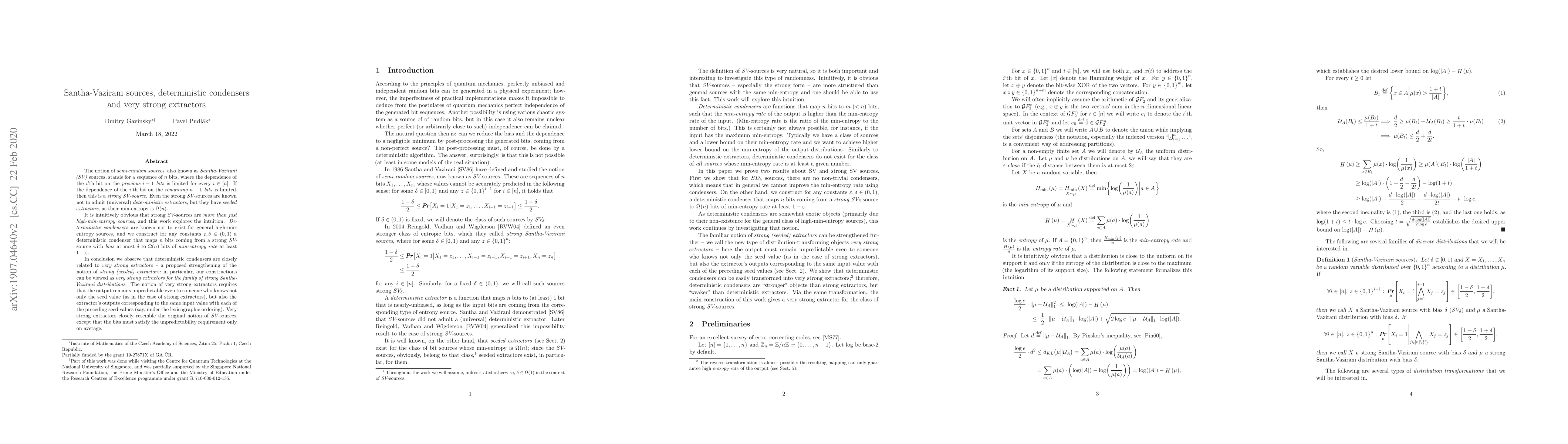 Thumbnail for Santha-Vazirani sources, deterministic condensers and very strong
  extractors