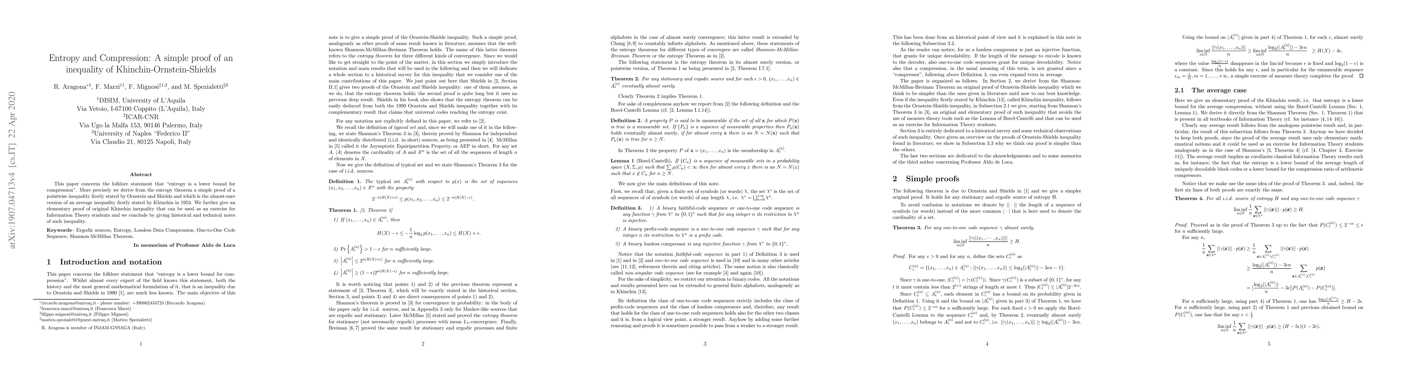 Thumbnail for Entropy and Compression: A simple proof of an inequality of
  Khinchin-Ornstein-Shields