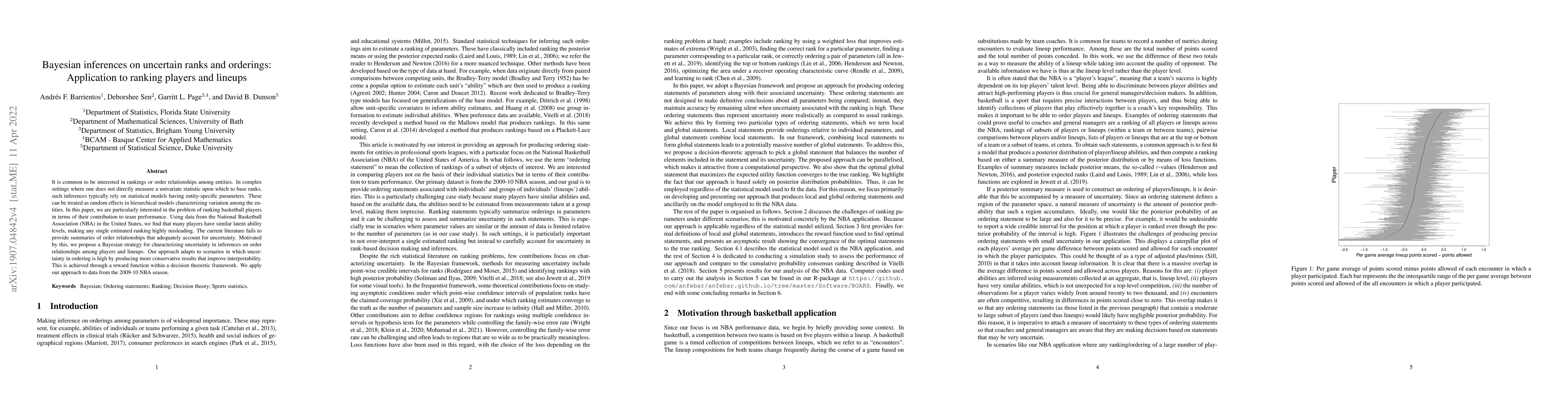Thumbnail for Bayesian inferences on uncertain ranks and orderings: Application to
  ranking players and lineups