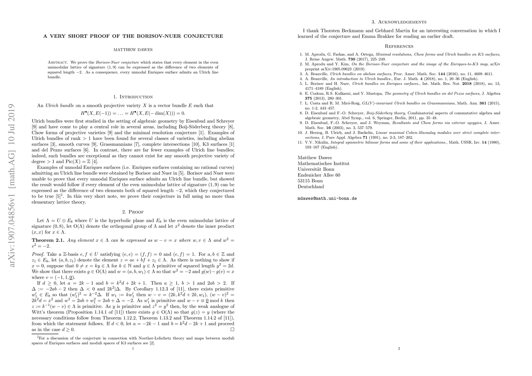 Thumbnail for A very short proof of the Borisov-Nuer conjecture