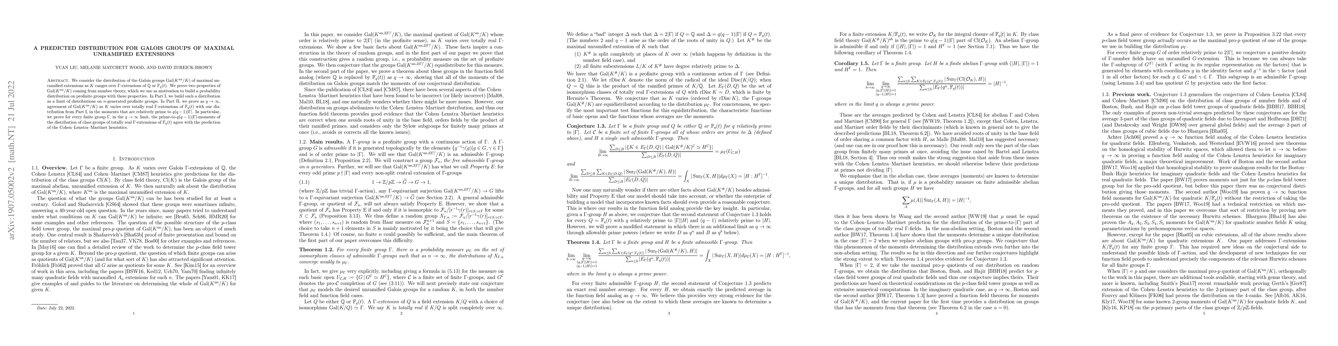 Thumbnail for A predicted distribution for Galois groups of maximal unramified
  extensions