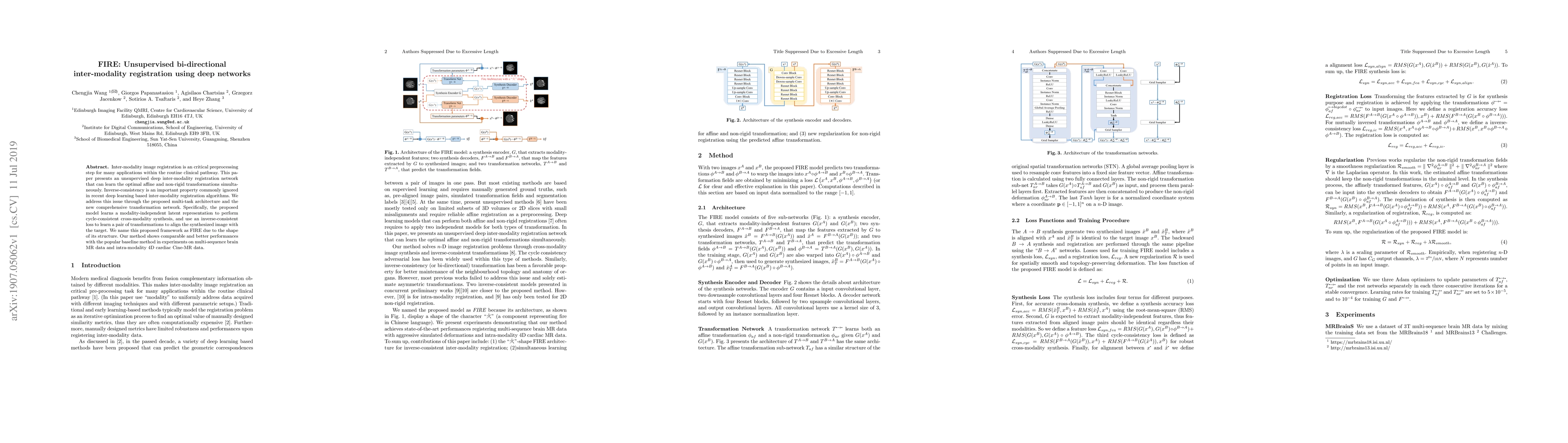 Thumbnail for FIRE: Unsupervised bi-directional inter-modality registration using deep
  networks