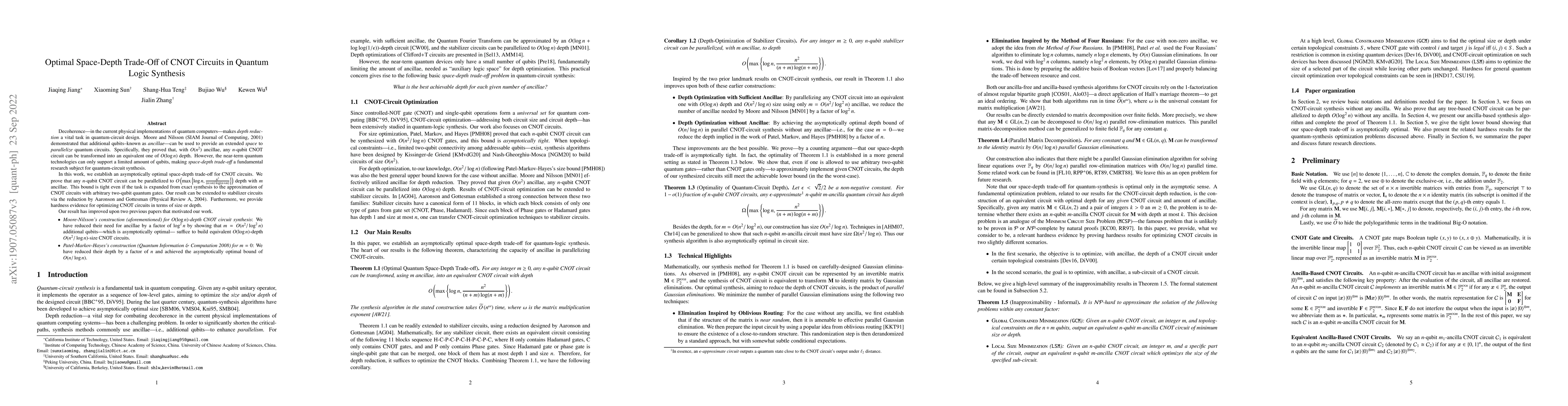 Thumbnail for Optimal Space-Depth Trade-Off of CNOT Circuits in Quantum Logic
  Synthesis