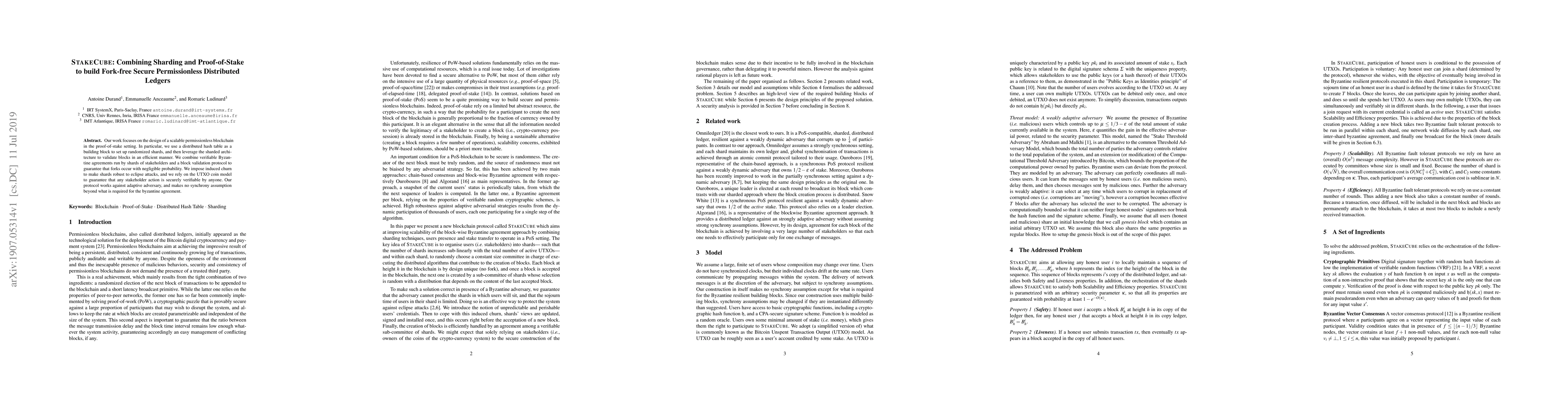 Thumbnail for StakeCube: Combining Sharding and Proof-of-Stake to build Fork-free
  Secure Permissionless Distributed Ledgers