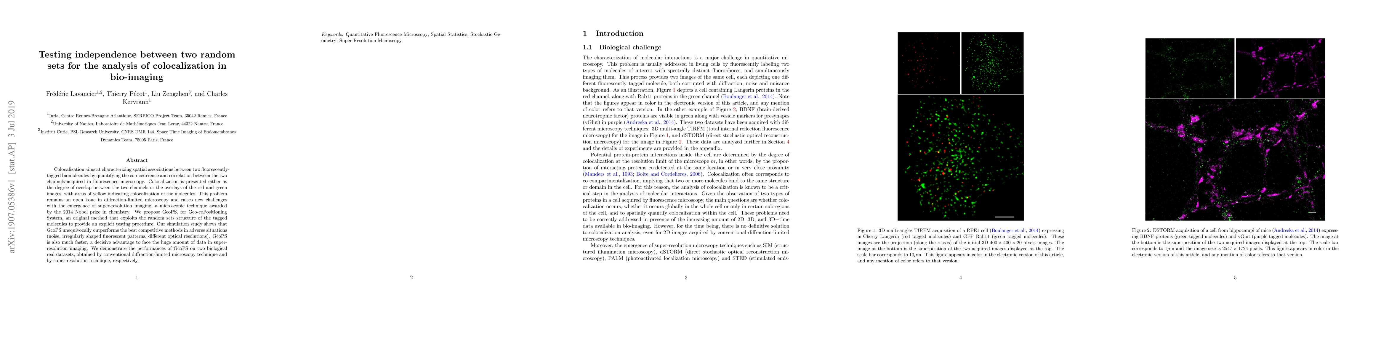 Thumbnail for Testing independence between two random sets for the analysis of
  colocalization in bio-imaging