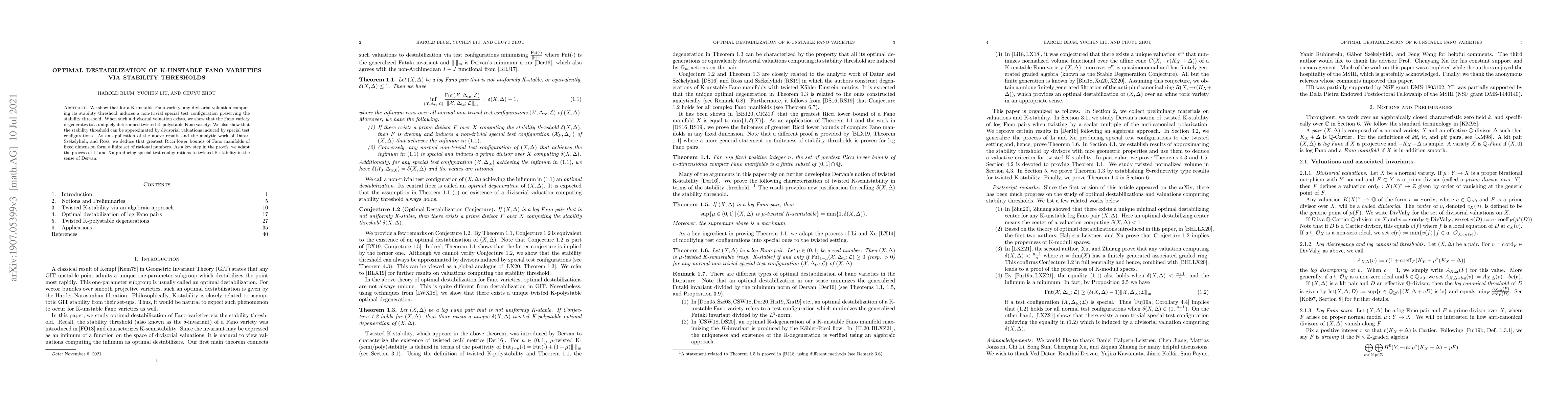 Thumbnail for Optimal destabilization of K-unstable Fano varieties via stability
  thresholds
