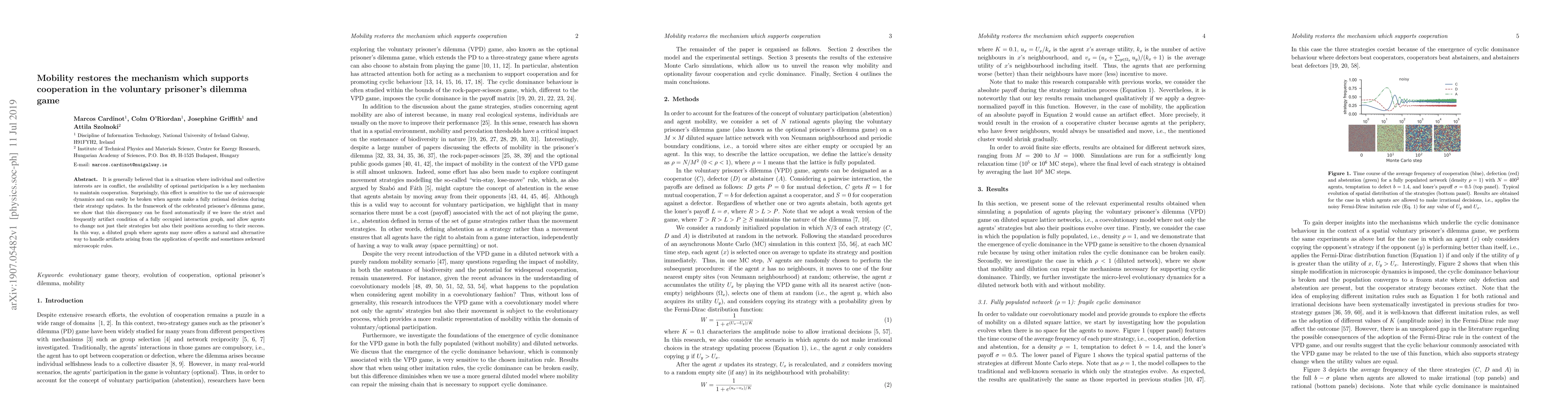 Thumbnail for Mobility restores the mechanism which supports cooperation in the
  voluntary prisoner's dilemma game