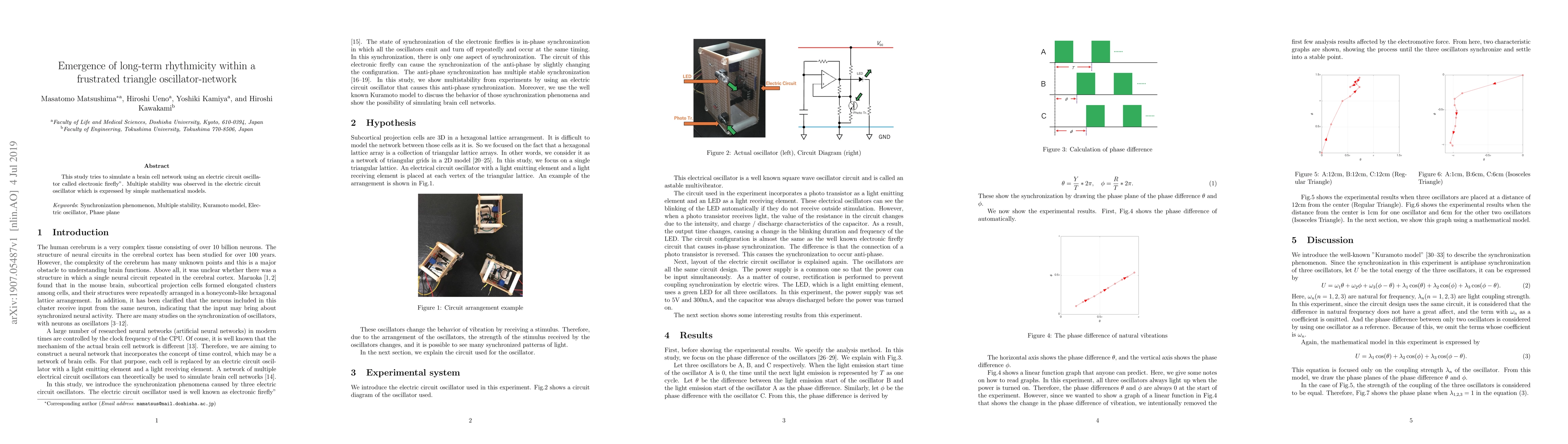 Thumbnail for Emergence of long-term rhythmicity within a frustrated triangle
  oscillator-network