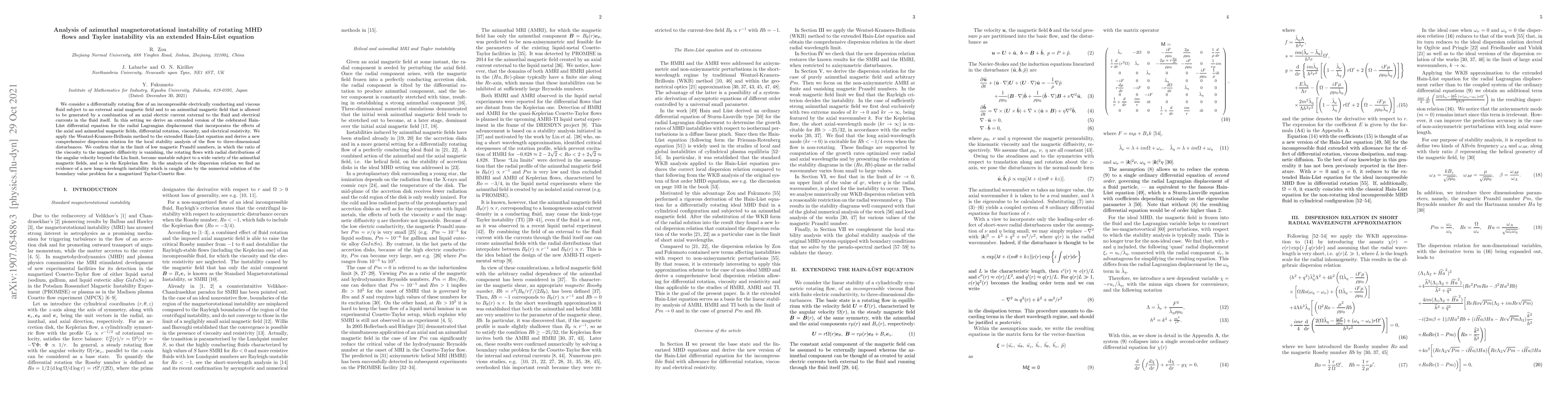 Thumbnail for Analysis of azimuthal magnetorotational instability of rotating MHD
  flows and Tayler instability via an extended Hain-Lust equation