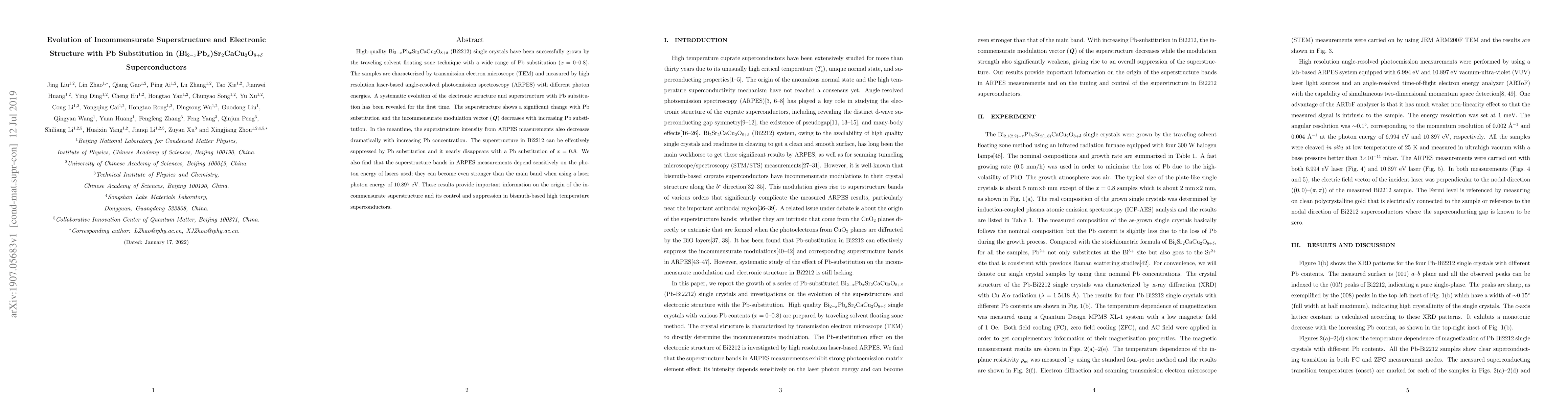 Thumbnail for Evolution of Incommensurate Superstructure and Electronic Structure with
  Pb Substitution in (Bi$_{2-x}$Pb$_{x}$)Sr$_2$CaCu$_2$O$_{8+\delta}$
  Superconductors