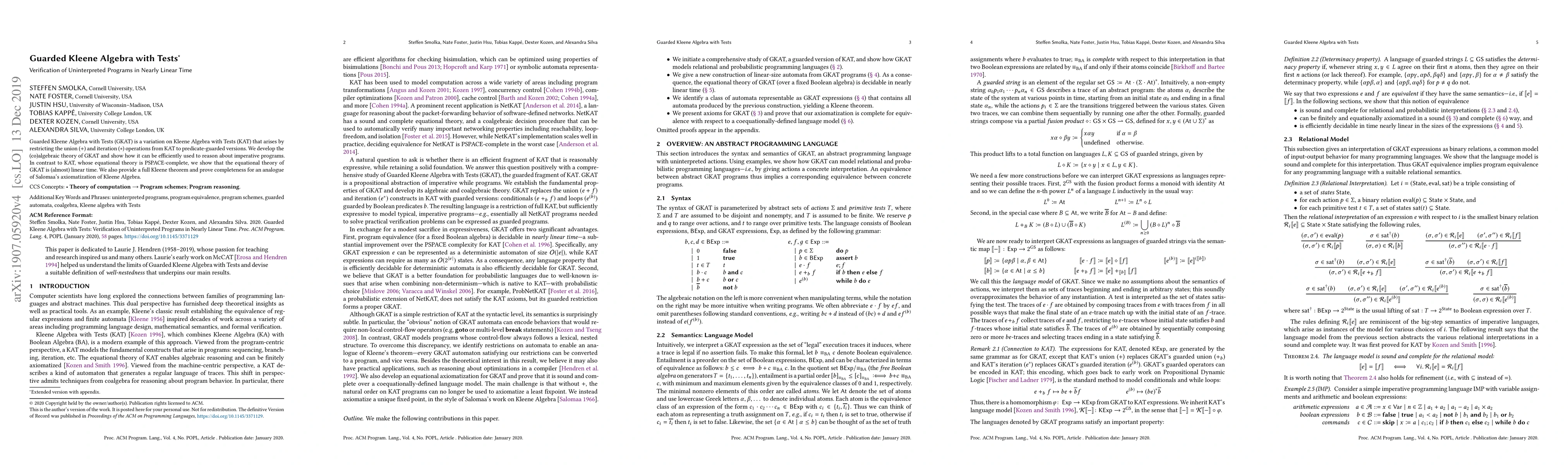 Thumbnail for Guarded Kleene Algebra with Tests: Verification of Uninterpreted
  Programs in Nearly Linear Time
