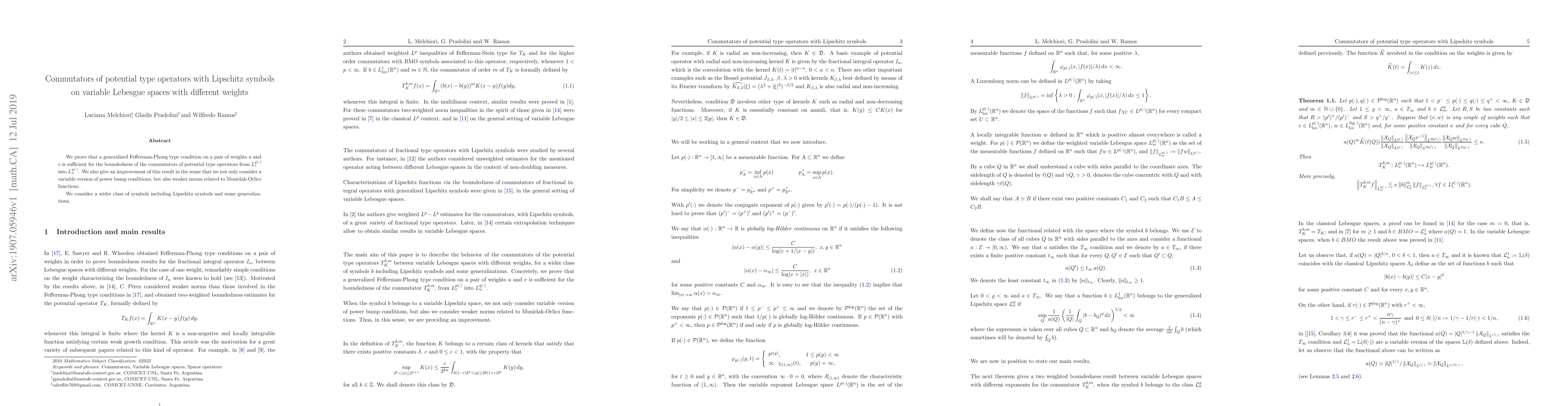 Thumbnail for Commutators of potential type operators with Lipschitz symbols on
  variable Lebesgue spaces with different weights