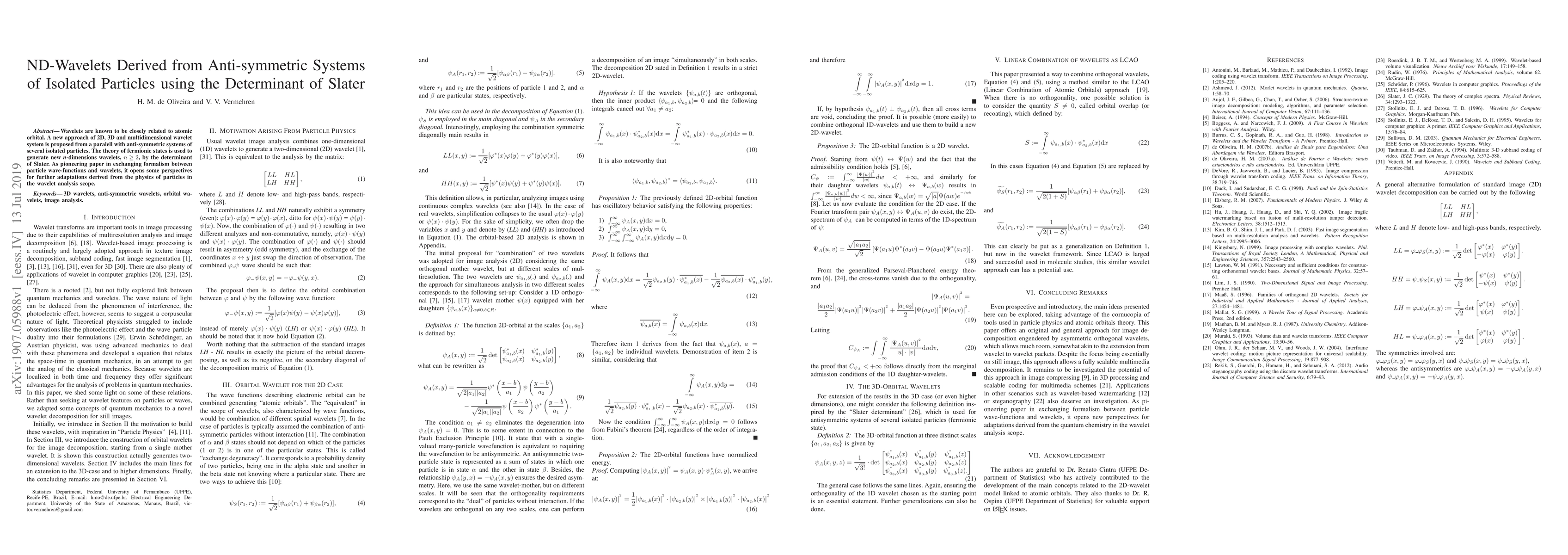 Thumbnail for ND-Wavelets Derived from Anti-symmetric Systems of Isolated Particles
  using the Determinant of Slater