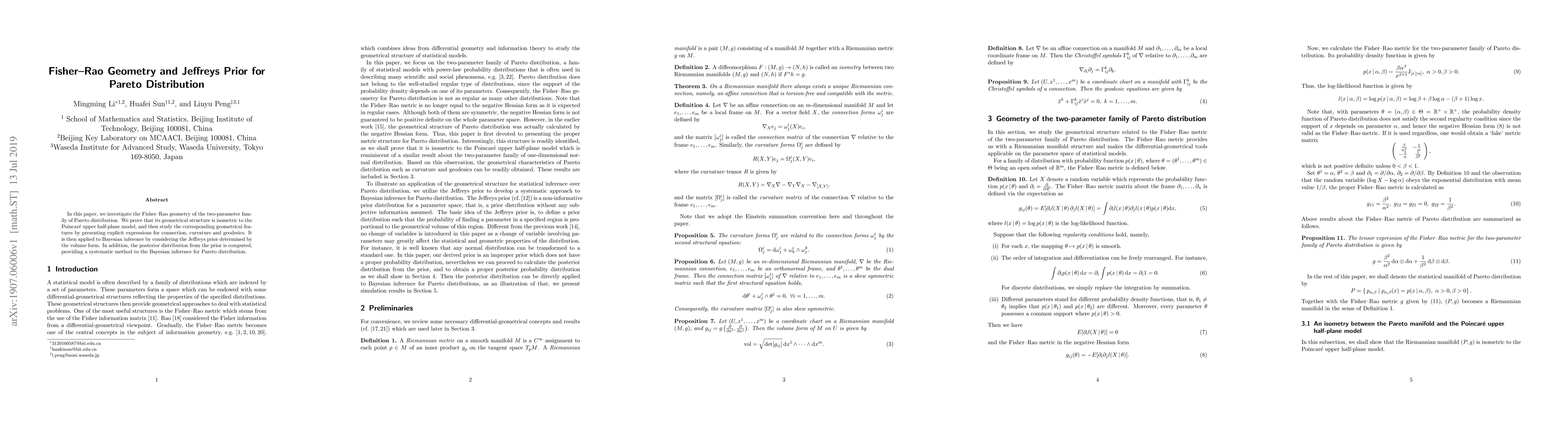 Thumbnail for Fisher-Rao Geometry and Jeffreys Prior for Pareto Distribution