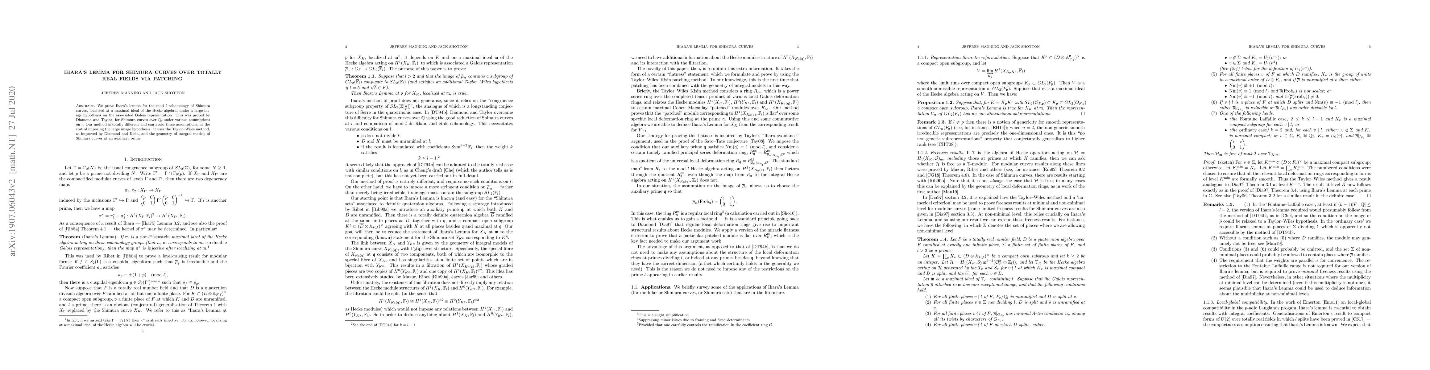 Thumbnail for Ihara's lemma for Shimura curves over totally real fields via patching