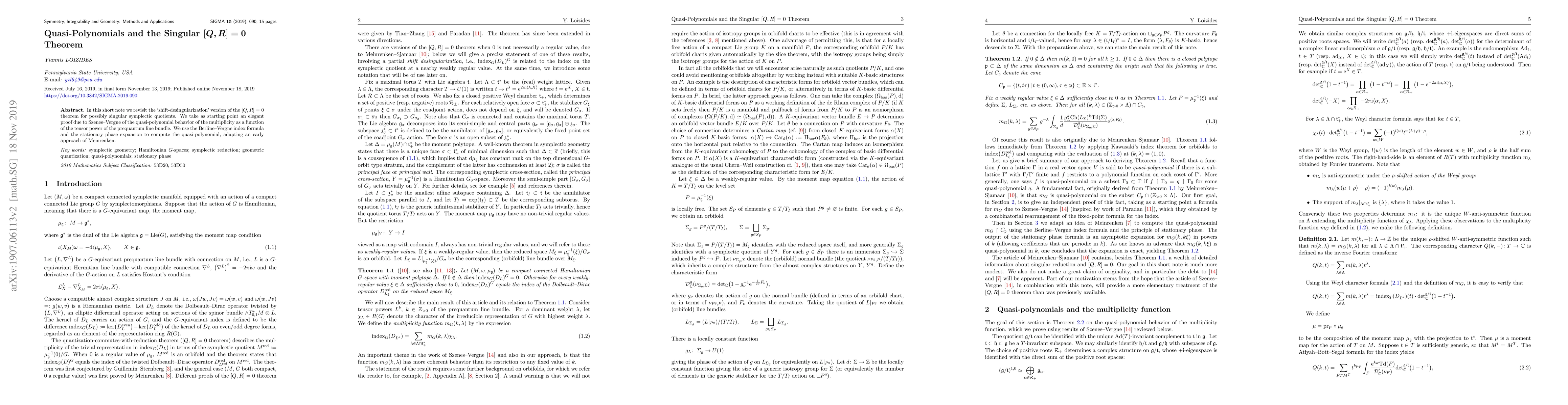Thumbnail for Quasi-polynomials and the singular $[Q,R]=0$ theorem