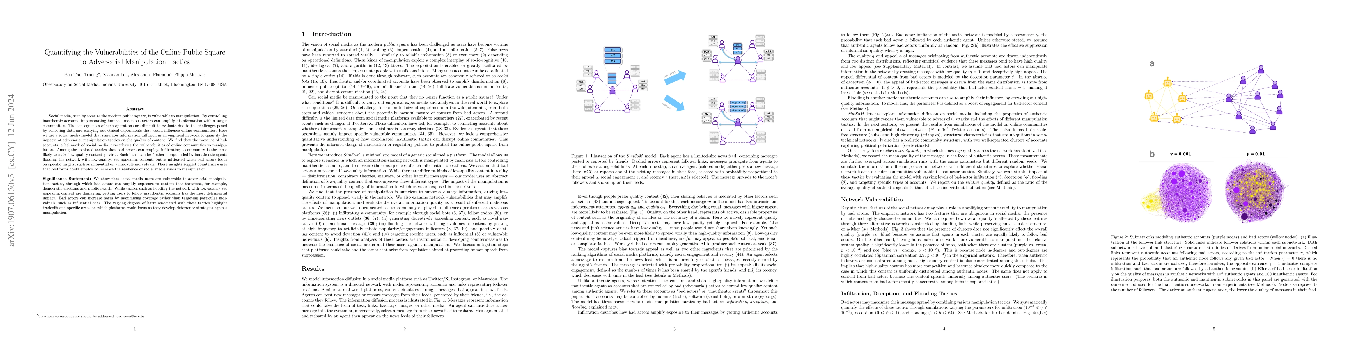 Thumbnail for Quantifying the Vulnerabilities of the Online Public Square to
  Adversarial Manipulation Tactics