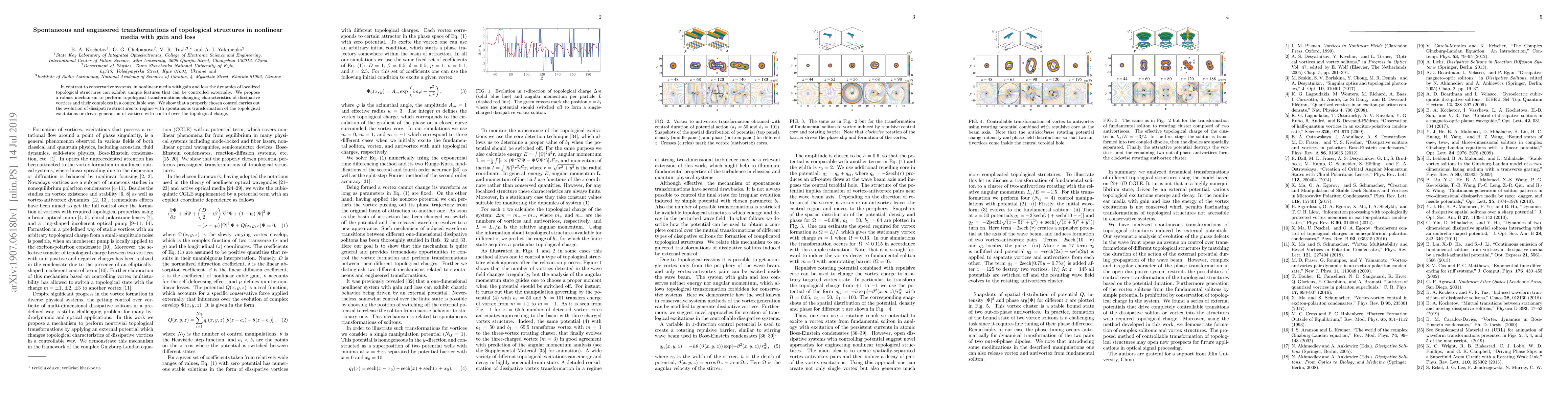 Thumbnail for Spontaneous and engineered transformations of topological structures in
  nonlinear media with gain and loss